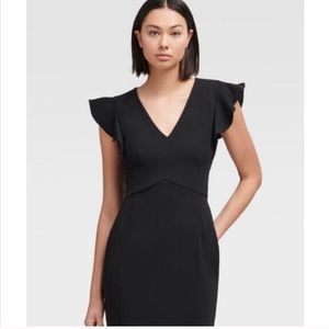 DKNY LITTLE BLACK DRESS ruffled shoulder V-neck